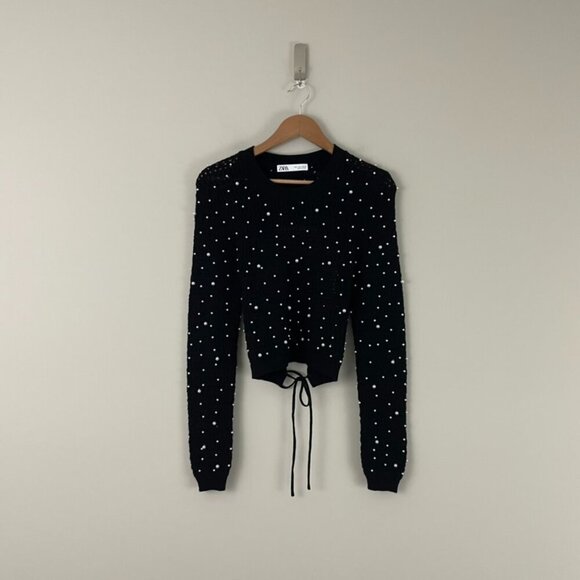 Zara Black Pearl Embellished Open Back Crop Knit Sweater Size Large - Picture 1 of 7